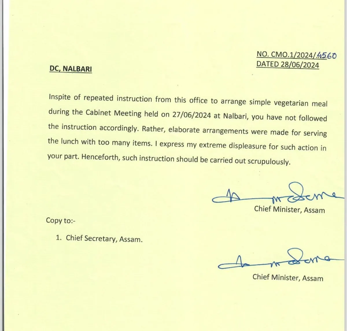 Assam CM's order to Nalbari DC  